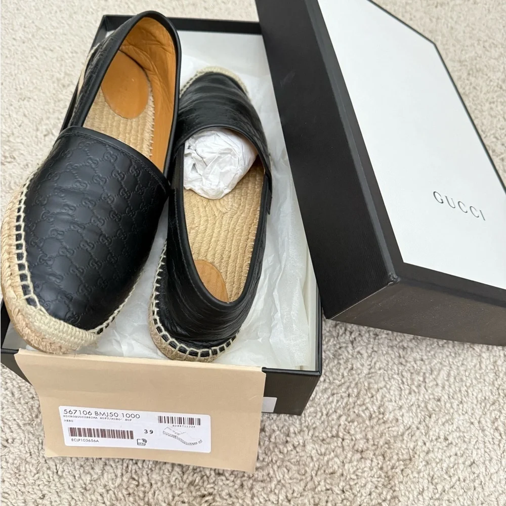 Gucci Black Embossed Leather Espadrilles